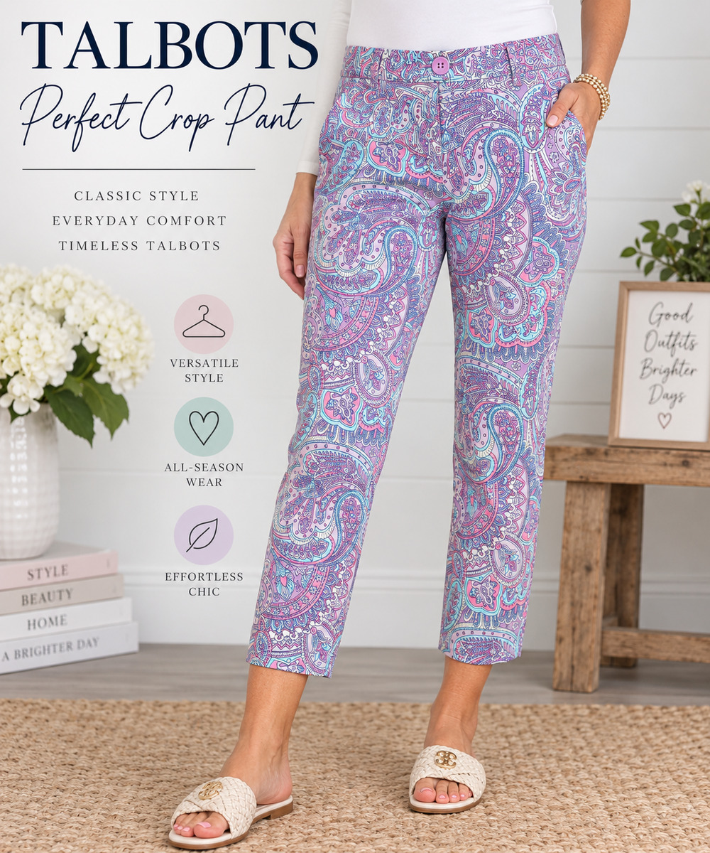 Talbots Perfect Crop Pants 8P Petite Paisley Pink Purple Blue Stretch Ankle